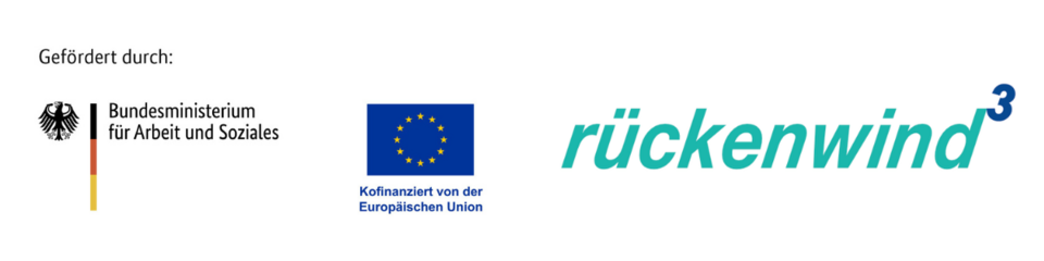 Drei Logos nebeneinander, rechts das des Bundesministeriums für Arbeit und Soziales, in der Mitte das Logo der EU und  rehcts das Logo vom Programm rückenwind³
